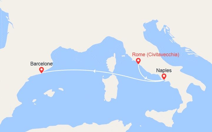 Carte itinéraire croisière Italie, Espagne : de Civitavecchia à Barcelone