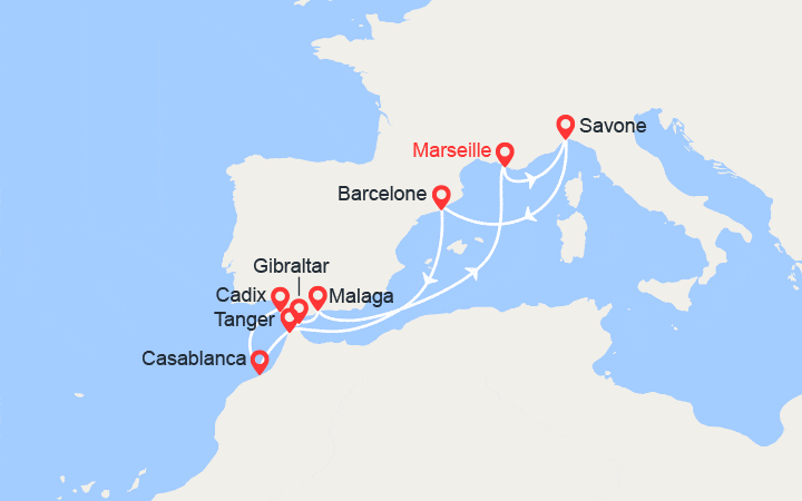 Carte itinéraire croisière Italie, Espagne, Maroc, Gibraltar