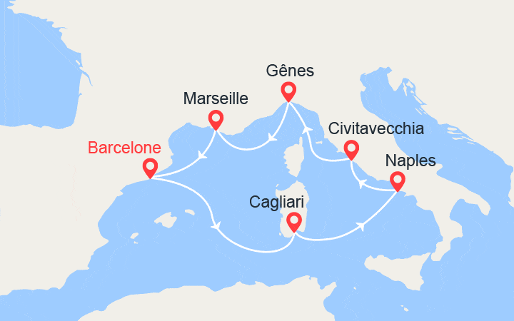Carte itinéraire croisière Italie, France