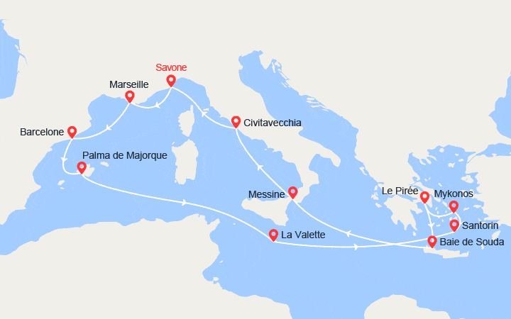 Carte itinéraire croisière Italie, France, Espagne, Baléares, Malte, Grèce