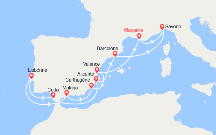 Carte itinéraire croisière Italie, France, Espagne, Portugal
