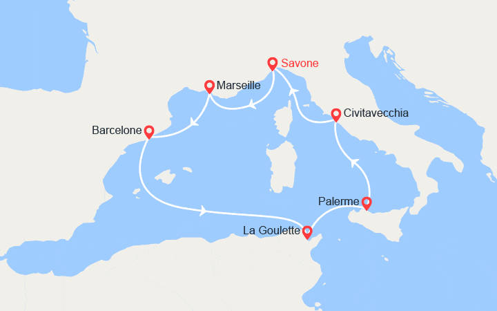 Carte itinéraire croisière Italie, France, Espagne, Tunisie