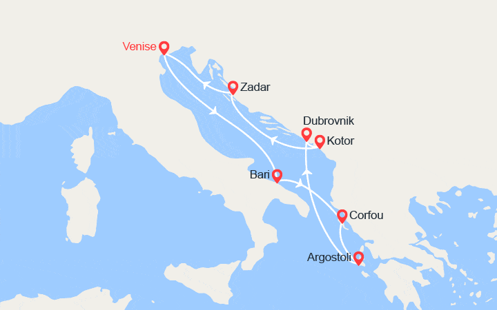 Carte itinéraire croisière Italie, Grèce, Croatie, Monténégro
