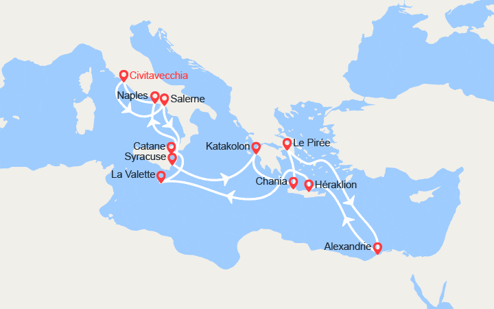 Carte itinéraire croisière Italie, Grèce, Egypte, Malte