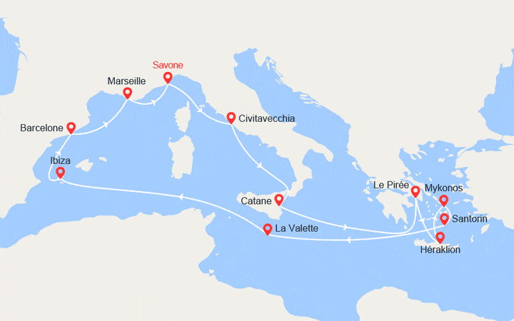 Carte itinéraire croisière Italie, Grèce, Malte, Baléares, Espagne, France