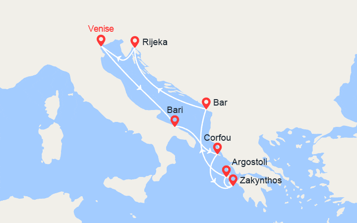 Carte itinéraire croisière Italie, Grèce, Monténégro, Croatie