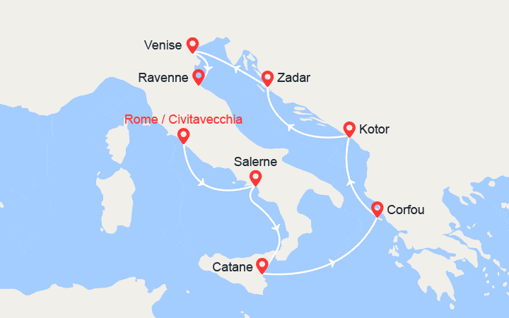 Carte itinéraire croisière Italie, Grèce, Monténégro, Croatie