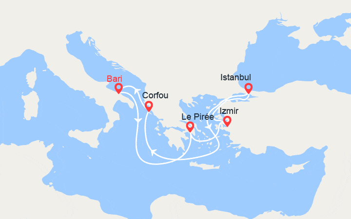 Carte itinéraire croisière Italie, Grèce & Turquie