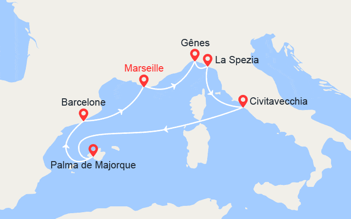 Carte itinéraire croisière Italie, Majorque, Barcelone