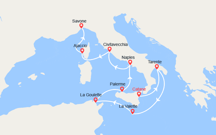 Carte itinéraire croisière Italie, Malte, Corse