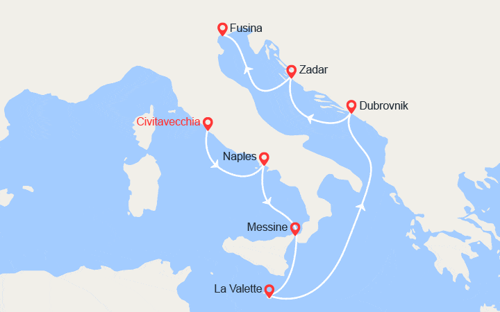 Carte itinéraire croisière Italie, Malte, Croatie