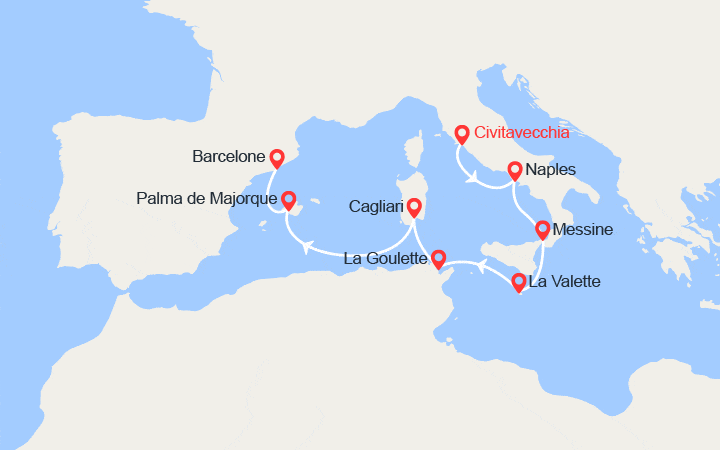 Carte itinéraire croisière Italie, Malte, Espagne