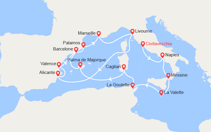 Carte itinéraire croisière Italie, Malte, Espagne, France