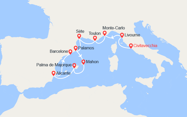Carte itinéraire croisière Italie, Monaco, France, Espagne