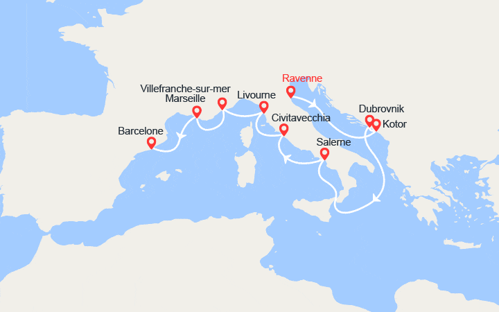 Carte itinéraire croisière Italie, Monténégro, Croatie, Provence, Baléares, Espagne