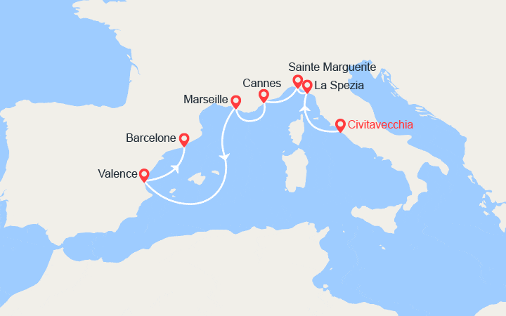 Carte itinéraire croisière Italie, Provence, Espagne