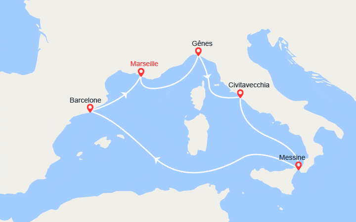 Carte itinéraire croisière Italie, Sicile, Espagne
