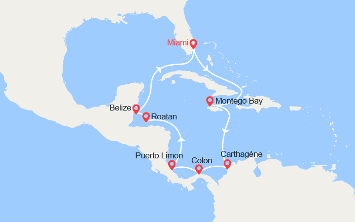 Carte itinéraire croisière Jamaïque, Colombie, Panama, Costa Rica, Honduras