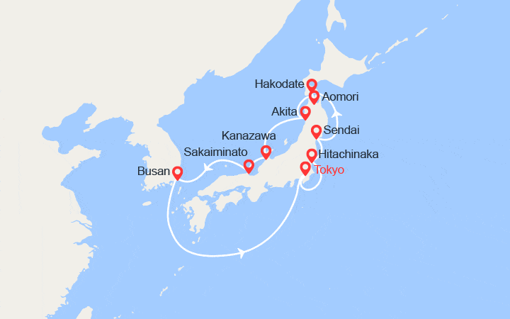 Carte itinéraire croisière Japon : Tokyo, Yokohama, Hitachinaka, Sendai, Miyako