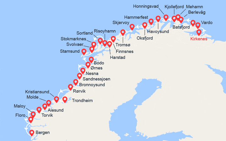 Carte itinéraire croisière L'Express Côtier – du Nord au Sud: de Kirkenes à Bergen