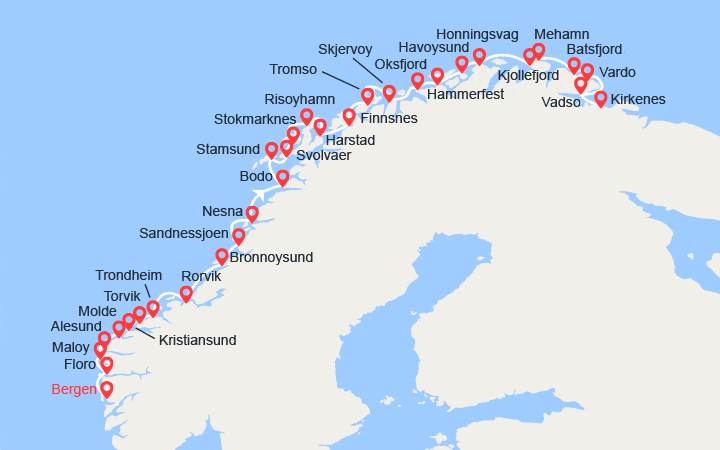 Carte itinéraire croisière L'Express Côtier – du Sud au Nord : de Bergen à Kirkenes