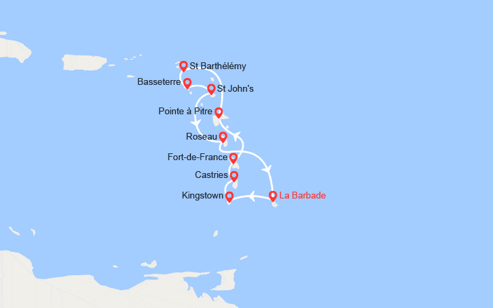 Carte itinéraire croisière La Barbade, Dominique, Sainte-Lucie, Saint-Vincent-et-les-Grenadines, Antigua-et-Barbuda,