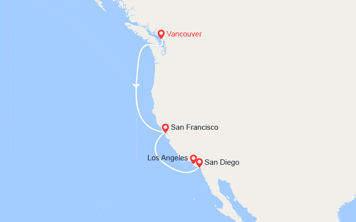 Carte itinéraire croisière La Californie : côte viticole du Pacifique