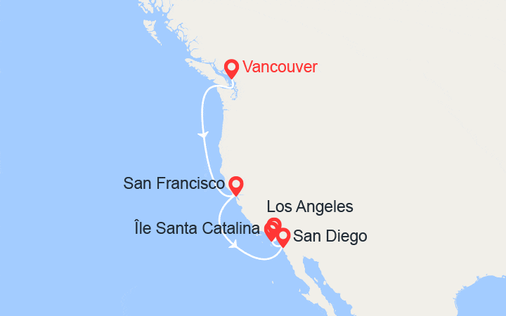 Carte itinéraire croisière La côte Ouest : Vancouver, San Diego et Catalina Island