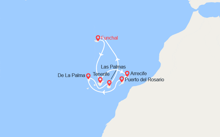 Carte itinéraire croisière La Méditérranée : Madère, Canaries, Espagne