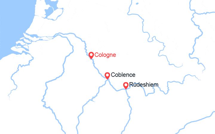 Carte itinéraire croisière Le Rhin :Cologne, Coblence, Rüdesheim, Mayence, Cologne