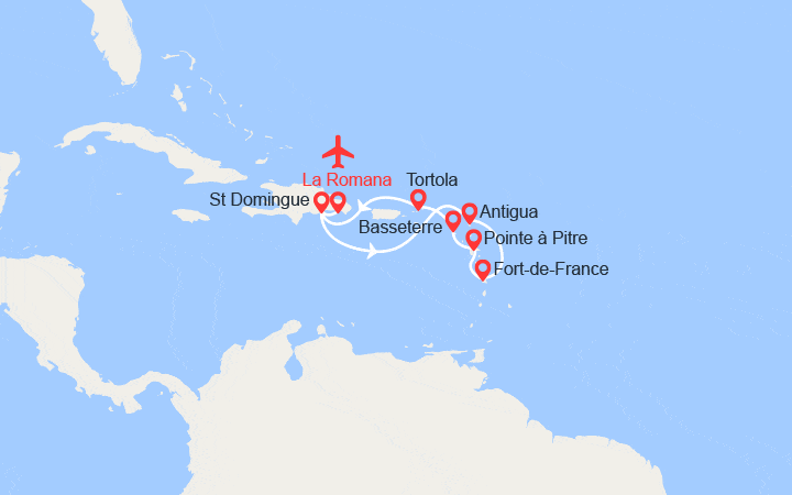 Carte itinéraire croisière Les Antilles et Iles Vierges I Vols inclus au départ Marseille