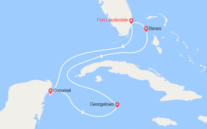 Carte itinéraire croisière Les Bahamas : Grand Cayman, George Town, Cozumel