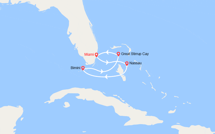 Carte itinéraire croisière Les Bahamas : Nassau, Bimini, Great Stirrup Cay