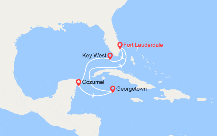 Carte itinéraire croisière Les Caraïbes : Key West, Cozumel, Grand Cayman