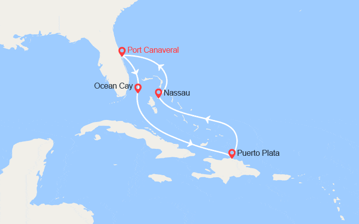 Carte itinéraire croisière Les Caraïbes : Ocean Cay, Puerto Plata, Nassau