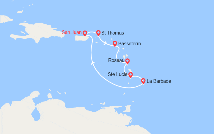 Carte itinéraire croisière Les Caraïbes : San Juan, Porto Rico, Basseterre