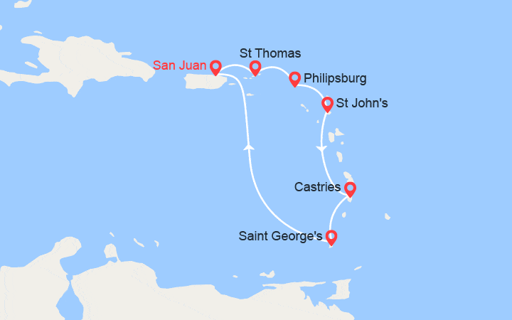 Carte itinéraire croisière Les Caraïbes : San Juan, Porto Rico, St Thomas