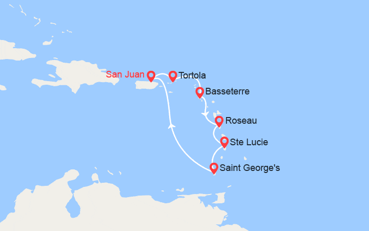 Carte itinéraire croisière Les Caraïbes : San Juan, Tortola, St Kitts et Nevis