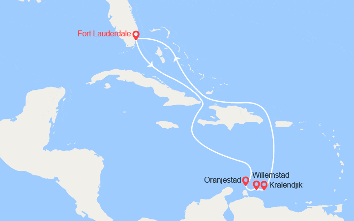 Carte itinéraire croisière Les iles ABC : Aruba, Bonaire, Curacao