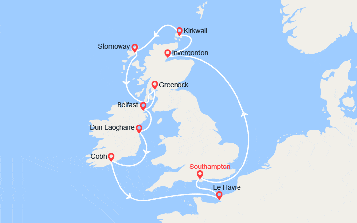 Carte itinéraire croisière Lieux mythiques et paysages enchanteurs des Iles Britanniques (C)