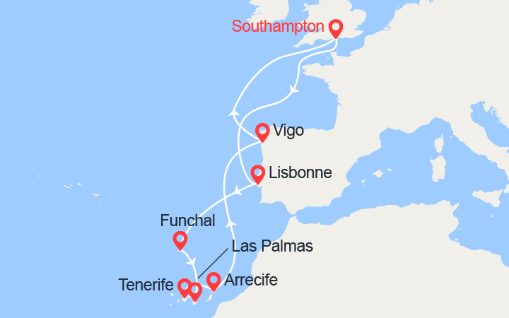 Carte itinéraire croisière Lisbonne, Madère, Canaries
