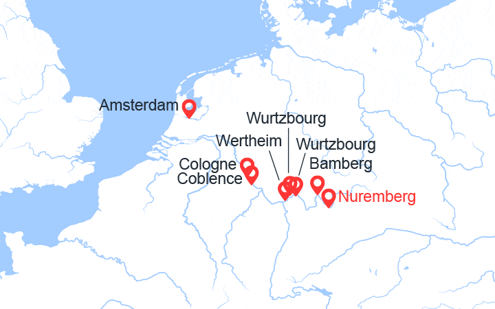 Carte itinéraire croisière Main & Rhin : de Nuremberg à Amsterdam