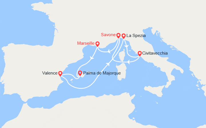 Carte itinéraire croisière Majorque, Espagne, Italie