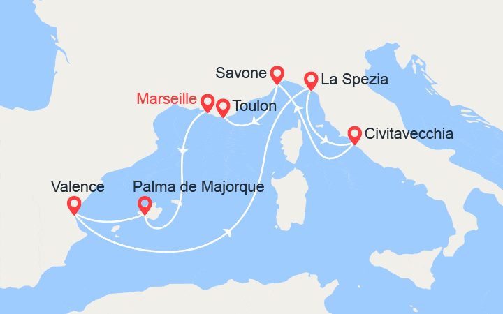 Carte itinéraire croisière Majorque, Espagne, Italie, Provence