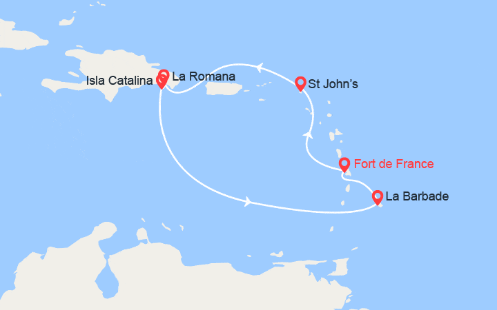Carte itinéraire croisière Martinique, Antigua-et-Barbuda, République Dominicaine, Barbade