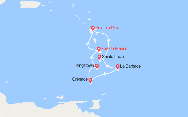 Carte itinéraire croisière Martinique, Guadejoupe, Ste Lucie, Barbade, Grenadines, Grenade