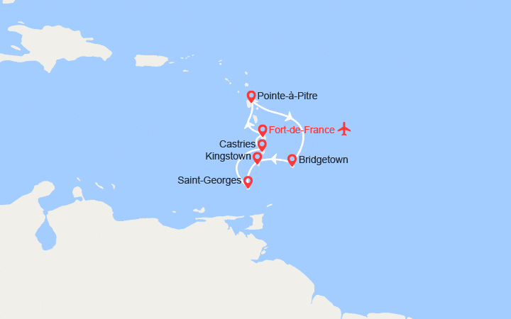 Carte itinéraire croisière Martinique, Guadeloupe, Barbade, Saint-Vincent-et-les-Grenadines,Sainte-Lucie - Vols inclus