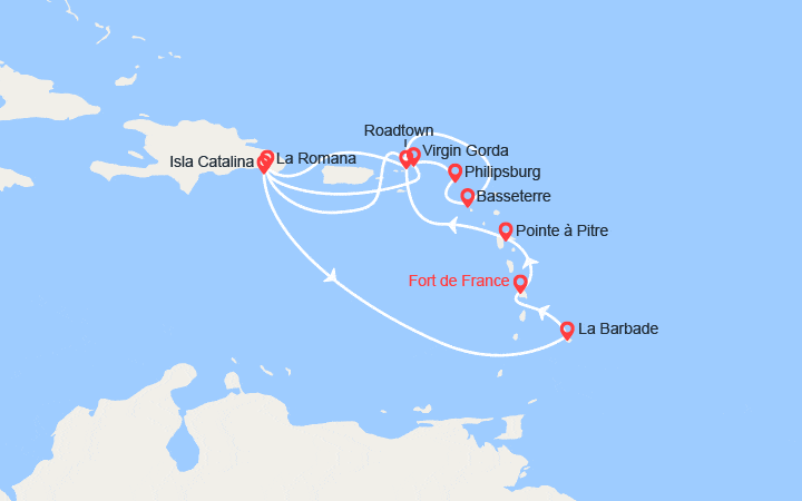 Carte itinéraire croisière Martinique, Guadeloupe, Îles Vierges Britanniques, République Dominicaine,Saint-Martin..
