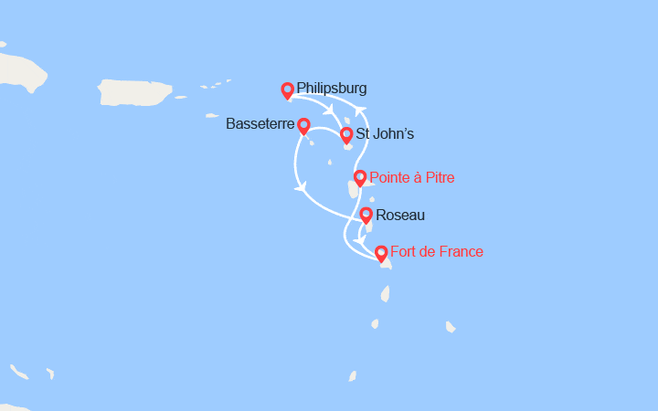 Carte itinéraire croisière Martinique, Guadeloupe, St Martin, Antigua, St Kitts, Dominique