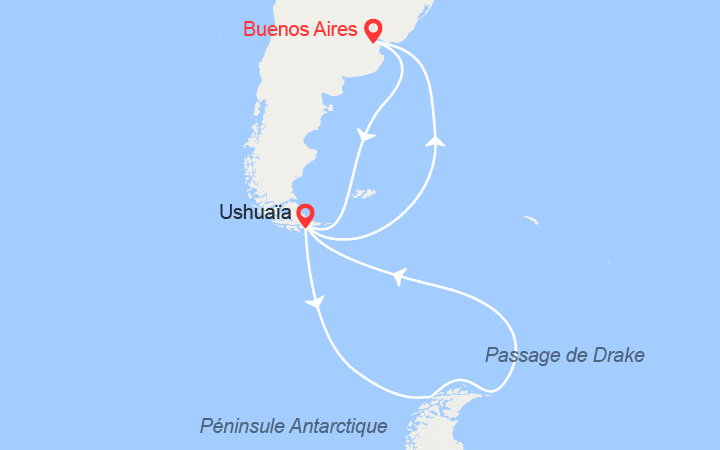 Carte itinéraire croisière Merveilles de l'Antarctique